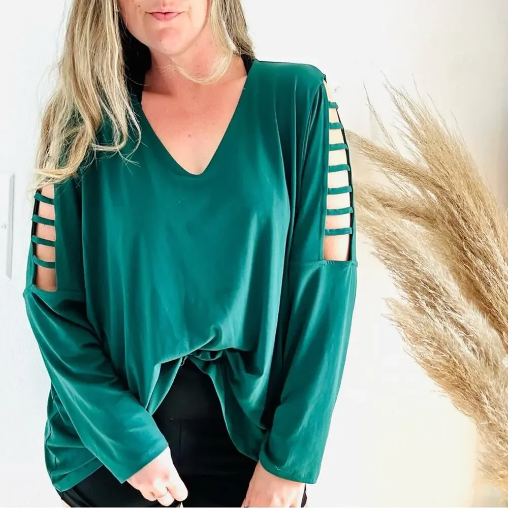 MICHAEL KORS Emerald Green Square Cutout Long Sleeve Tunic Blouse Top Shirt 3X